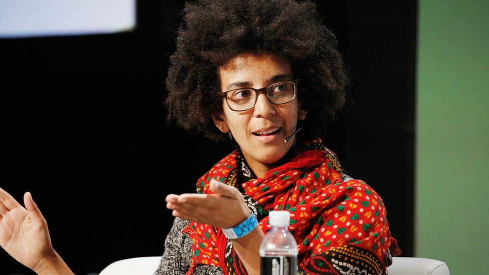 Timnit Gebru speaking in 2018