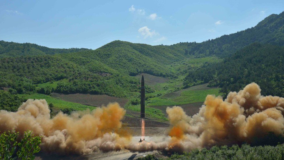 The intercontinental ballistic missile Hwasong-14 is seen during its test launch in this undated photo released by North Korea"s Korean Central News Agency (KCNA) in Pyongyang, 4 July 2017