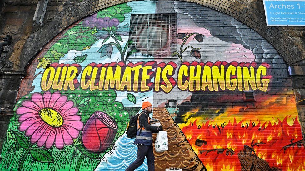 A mural reading Our Climate is Changing in Glasgow, Scotland