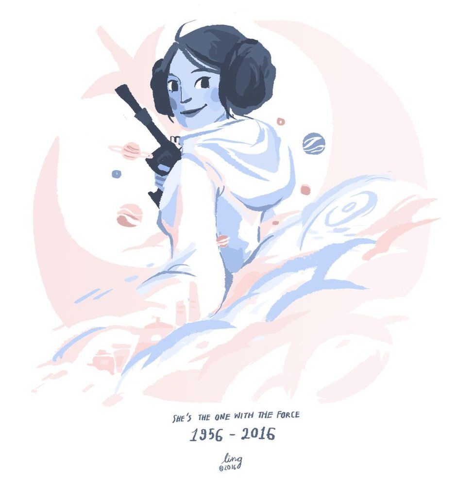 Drawing of Princess Leia inscribed 'She's the one with the force - 1956-2016'