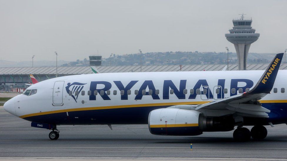 A Ryanair plane on a runway