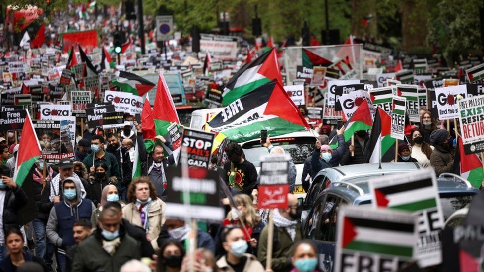 Protesters march in London in support of Palestinians amid ongoing violence with Israel