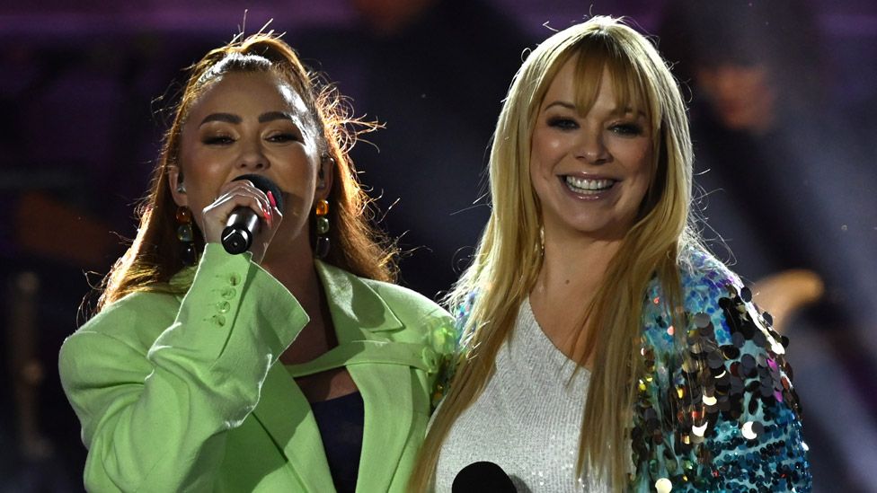 Atomic Kitten's Natasha Hamilton and Liz McClarnon on stage at the National Lottery's Big Eurovision Welcome concert in Liverpool on 7 May 2023