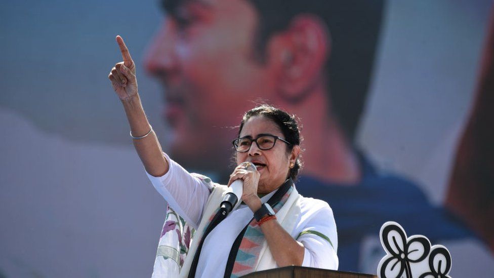 Trinamool Congress party leader and Chief Minister of West Bengal, Mamata Banerjee addressing her supporters who are gathered at a mass rally ahead of the upcoming general election in Kolkata on 10 March 2024.