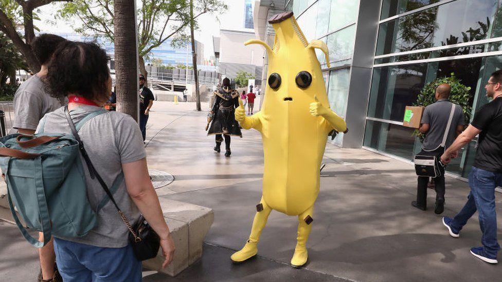 An actor in a banana suit outside E3 2019