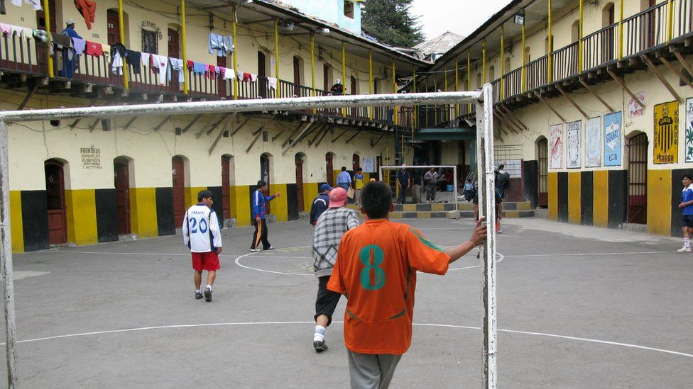 San Pedro Prison's central courtyard doubles as a football pitch