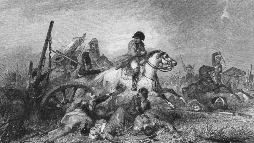 An engraving by Ambrose Warren (after original work by John Gilbert) imagines the moment Napoleon fled pursuing Allied troops at Waterloo