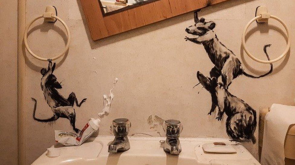 A close-up of Banksy's recent artwork at home