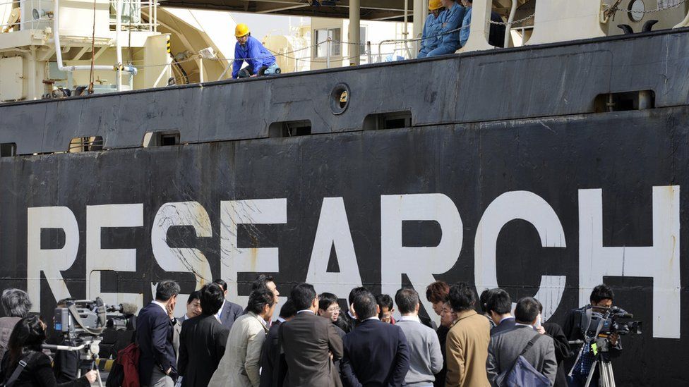 Journalists next to a Japanese whaling ship branded with the word Research (in 1980)