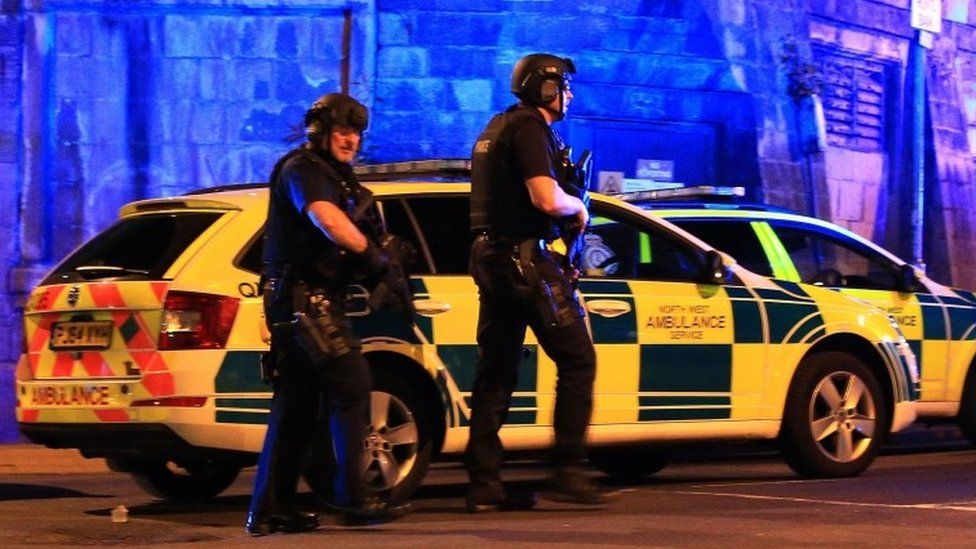Armed Police officers at Manchester Arena following explosion at the venue during an Ariana Grande gig, May 22nd 2017