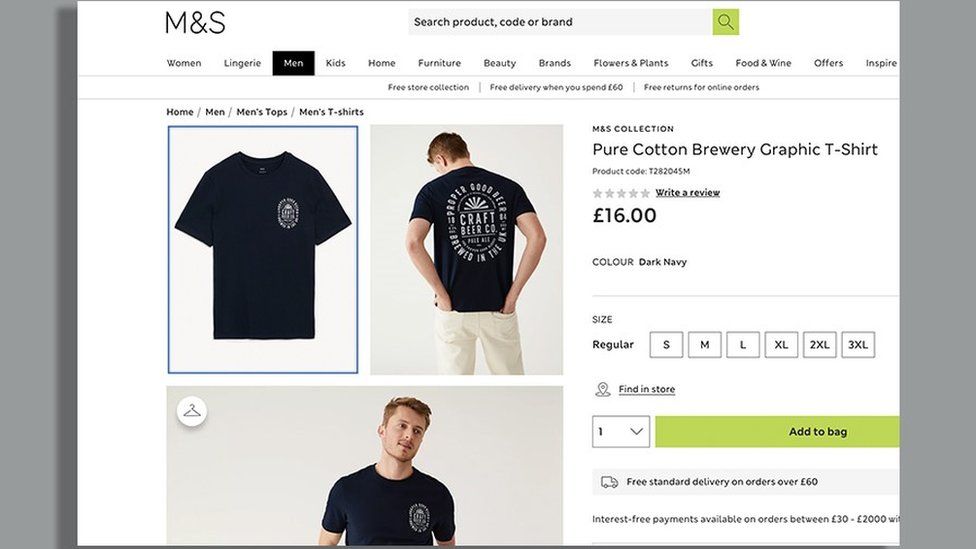 A screen shot of the M&S web page showing the t-shirt