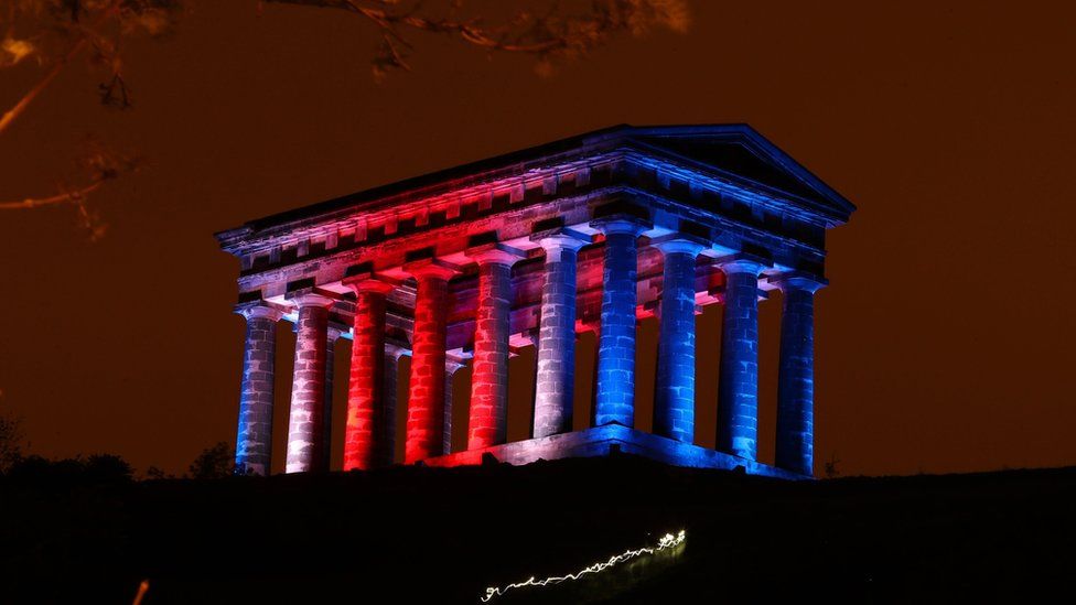 Penshaw Monument in Sunderland illuminated in the colours of union jack after the Manchester concert bomb attack.