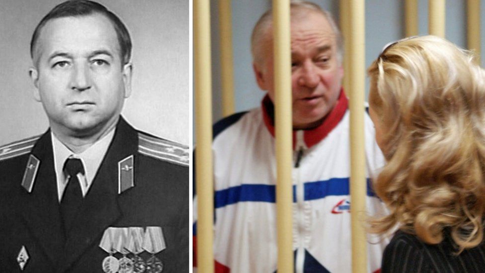 Side-by-side image with undated image of Skripal in uniform and him behind bars in Moscow