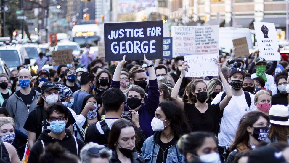 People march following the news that former Minneapolis Police Department Police Officer Derek Chauvin was found guilty on all counts in the death of George Floyd