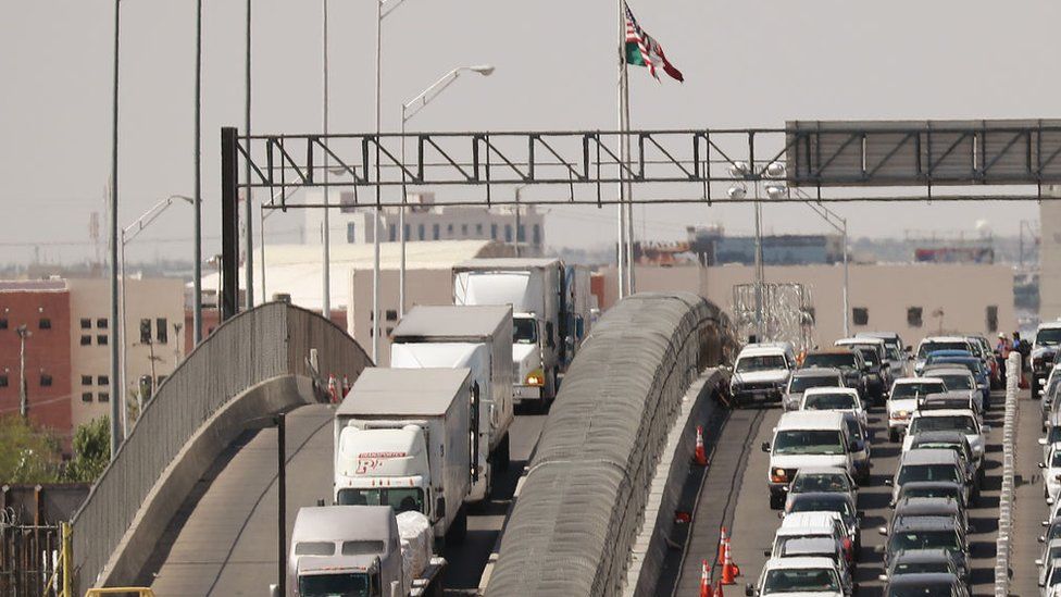Trucks queue at the US-Mexico border