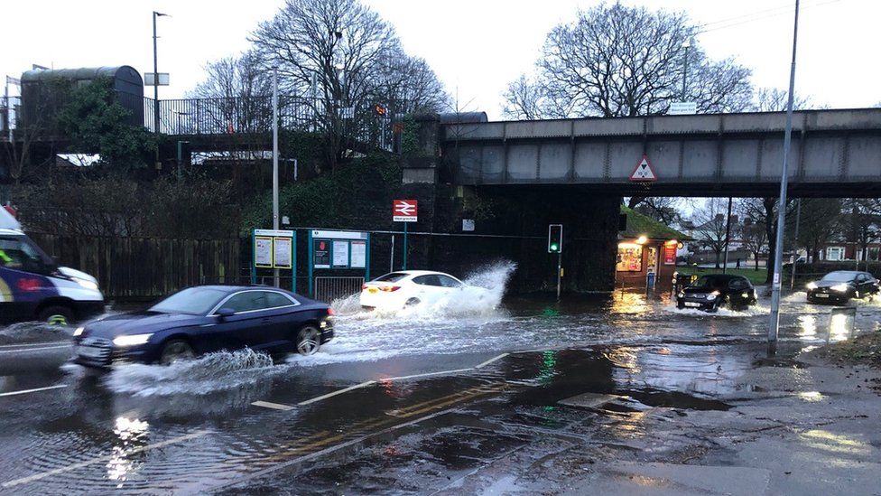 Flooded road near Waun Gron station, Cardiff
