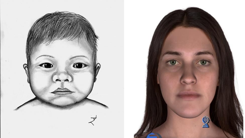 A sketch of the baby and a DNA phenotyped sketch of the baby's possible mother