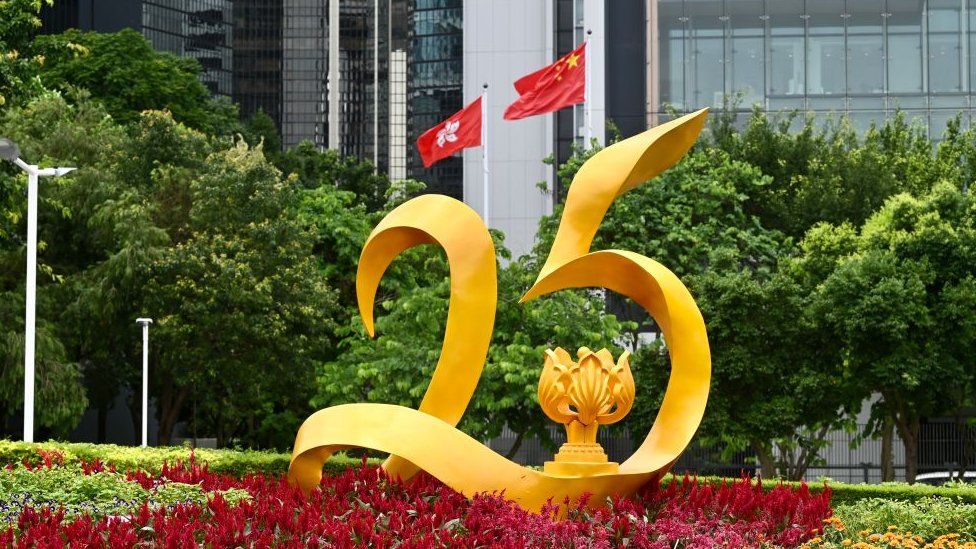 A sign reading number '25' is seen at Tamar Park to celebrate the 25th anniversary of Hong Kong's return