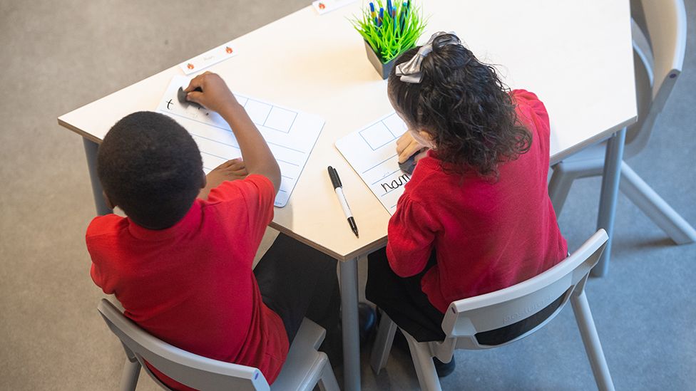 Two children at school table