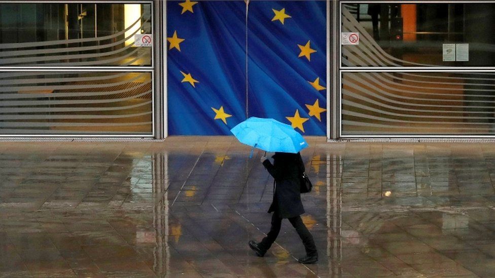 Man with umbrella outside European Commission office in Brussels