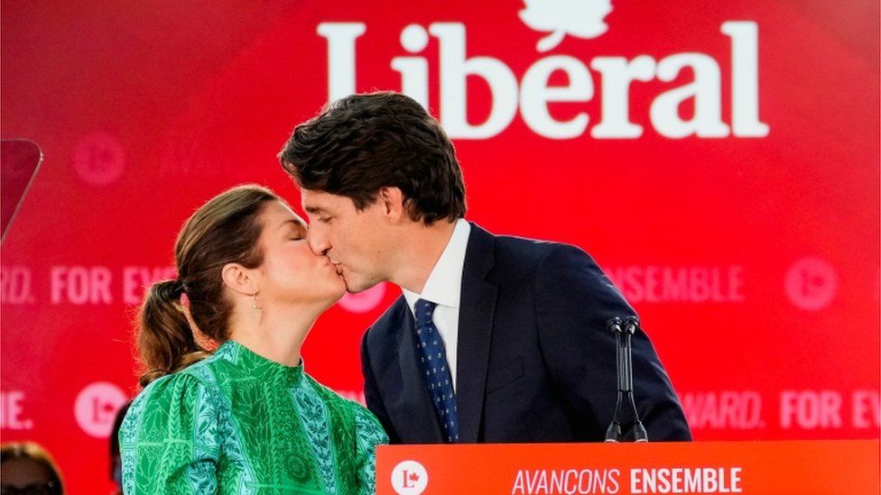 Trudeau and his wife share a kiss