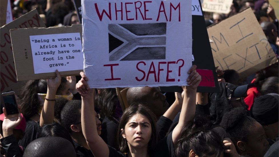 Tens of thousands protest outside parliament against gender based violence following a week of brutal murders of young South African women in Cape Town, South Africa, 05 September 2019