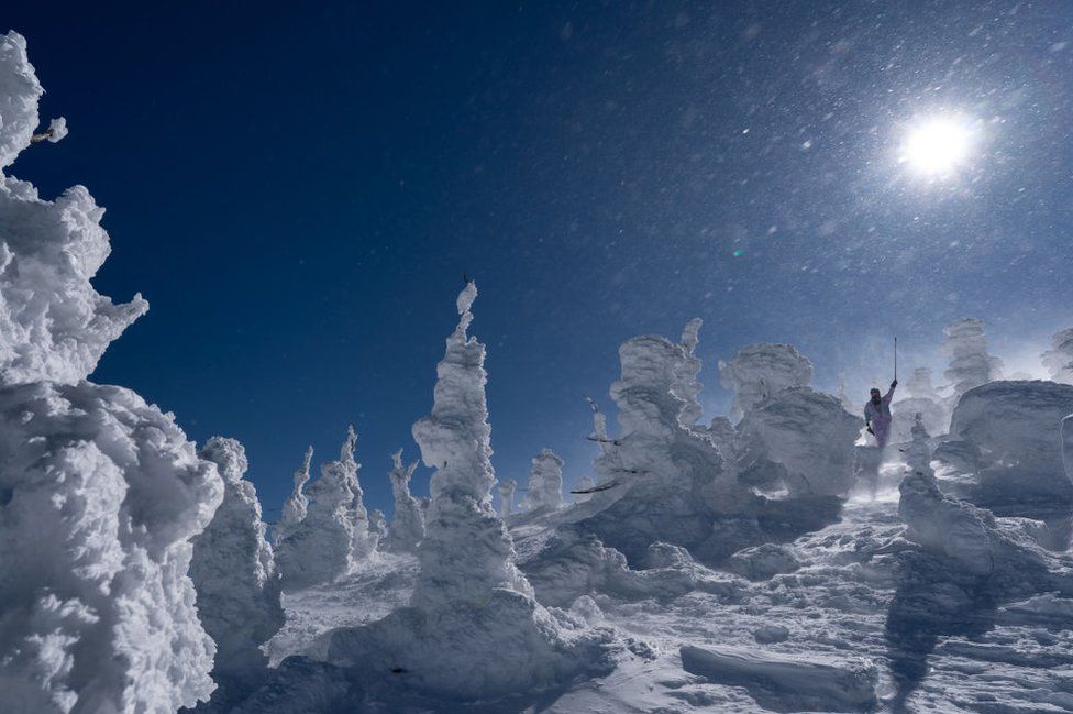 A tourist poses in front of snow-covered trees on Mount Zao in Yamagata, Japan