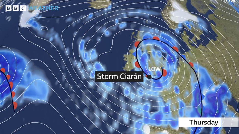 Meteorological chart showing a storm system to the south-west of the UK on Thursday