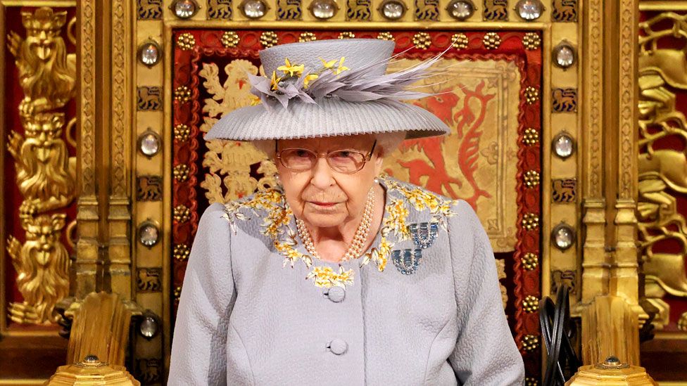 Queen Elizabeth II during the Queen's Speech in the House of Lord's Chamber during the State Opening of Parliament at the House of Lords on 11 May 2021 in London