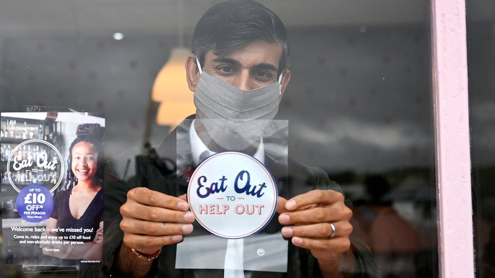 Picture of Rishi Sunak in 2020 sticking a label Eat Out to Help Out in a restaurant window