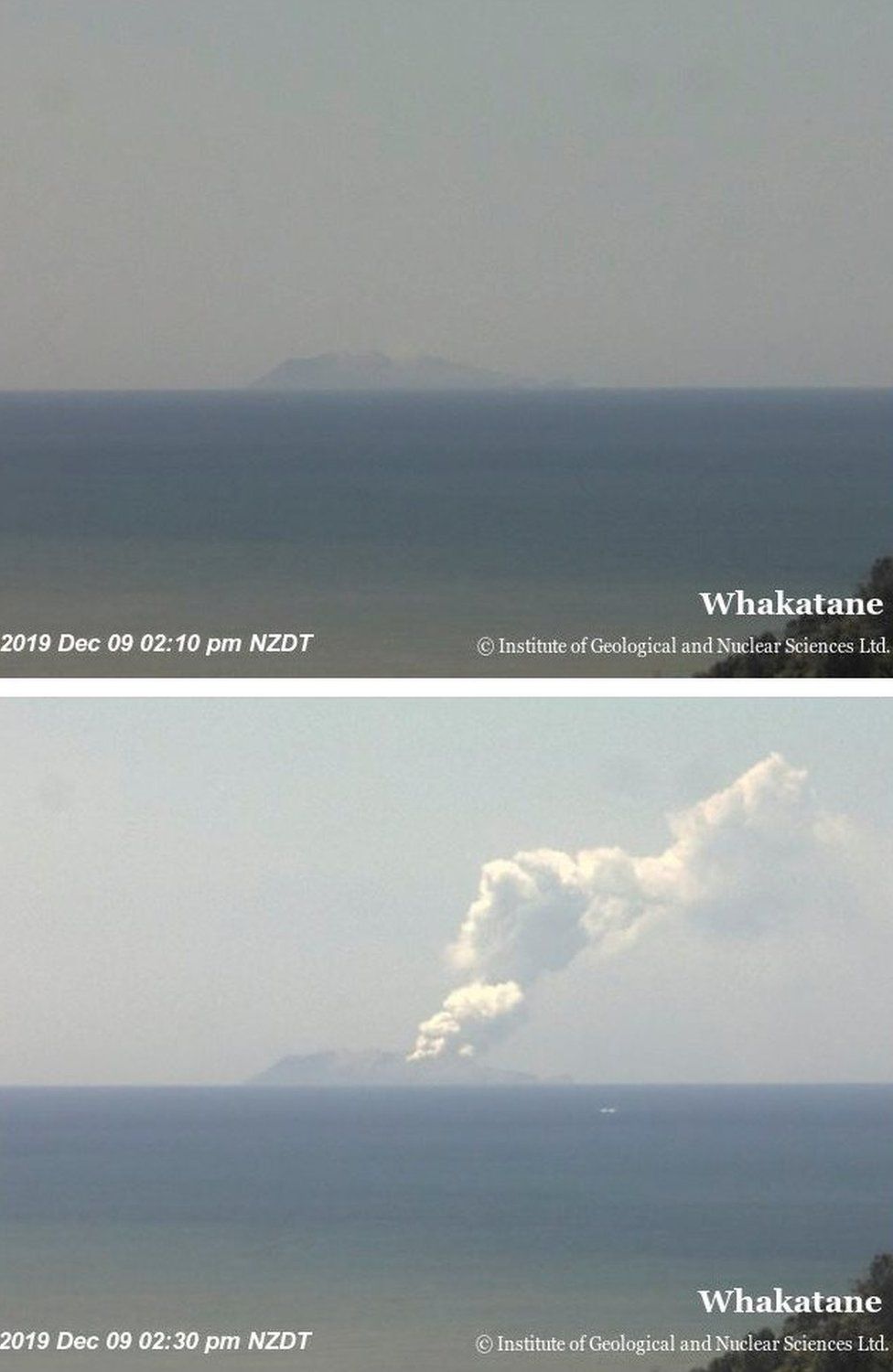 Combination photo shows Whakaari, also known as White Island, volcano shortly before and after eruption