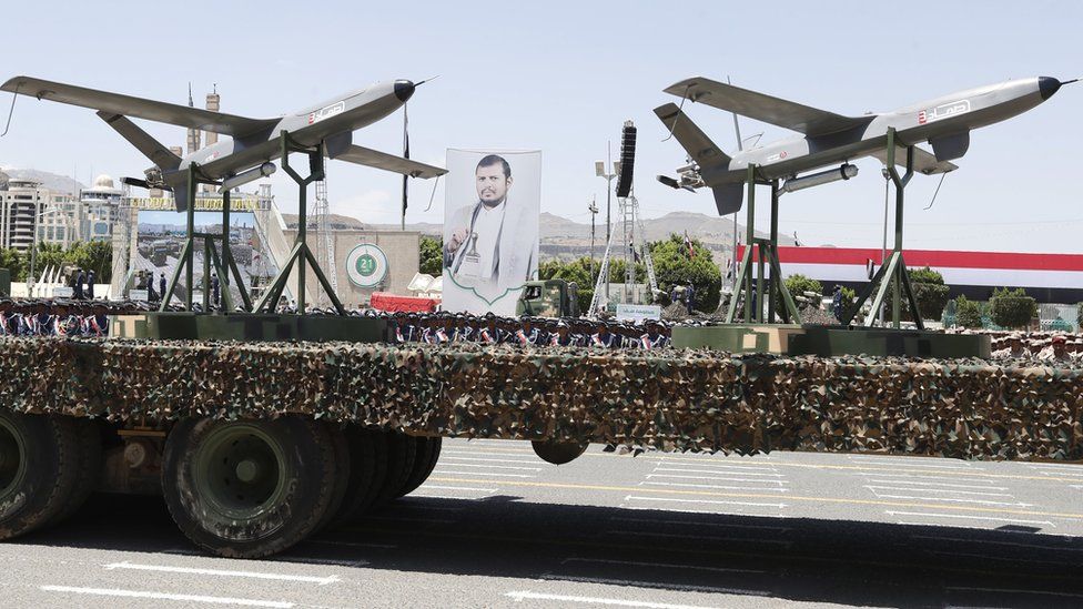 Drones on display during a military parade commemorating the 9th anniversary of seizure of northern Yemen, in Sana'a, Yemen, 21 September 2023