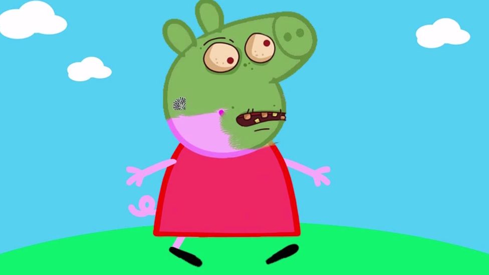 Photo of a copied cartoon of Peppa Pig as a zombie