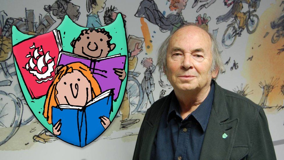 Sir Quentin Blake with the Blue Peter book badge