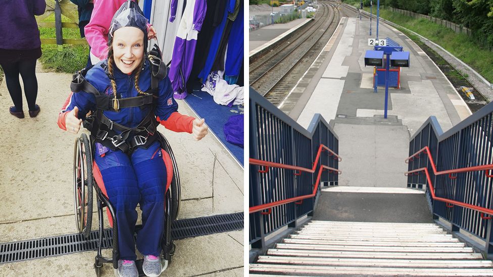 Chloe Ball-Hopkins after sky-diving and Hatton train station