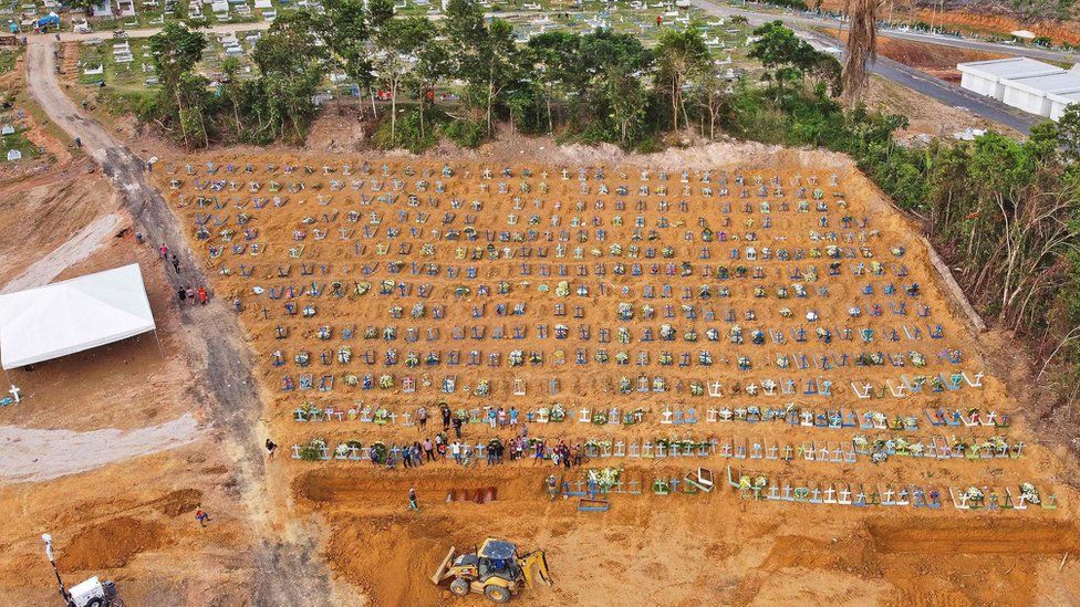 Aerial picture showing a burial taking place at an area where new graves have been dug up at the Nossa Senhora Aparecida cemetery in Manaus