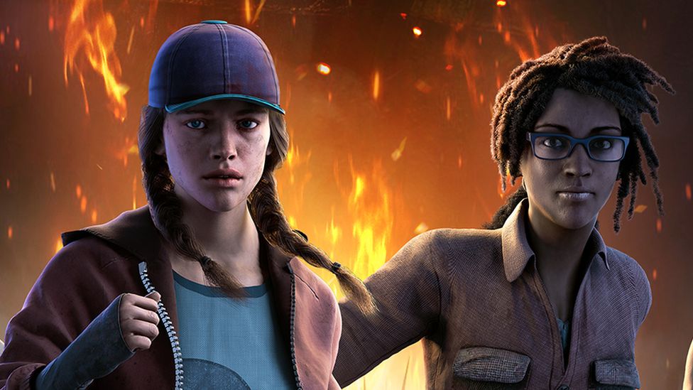 A computer-rendered picture of two survivor characters from the game Dead by Daylight. One is caucasian, and wears a burgundy zip hoody with a light blue t-shirt underneath. Her hair is tied in pigtails which hang at both sides of her head under a purple baseball cap. The other is black, wearing dark-rimmed glasses and a salmon-coloured shirt of some kind. She has short, dreadlocked hair. Both characters look determined. Behind them, flames illuminate the dark background.