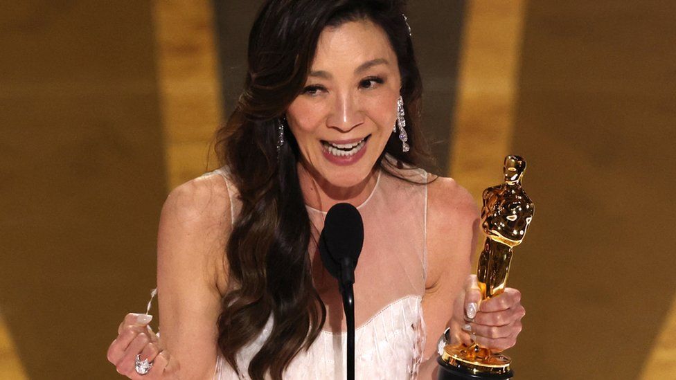 Michelle Yeoh accepts the Oscar for Best Actress during the Oscars show at the 95th Academy Awards in Hollywood, Los Angeles, California