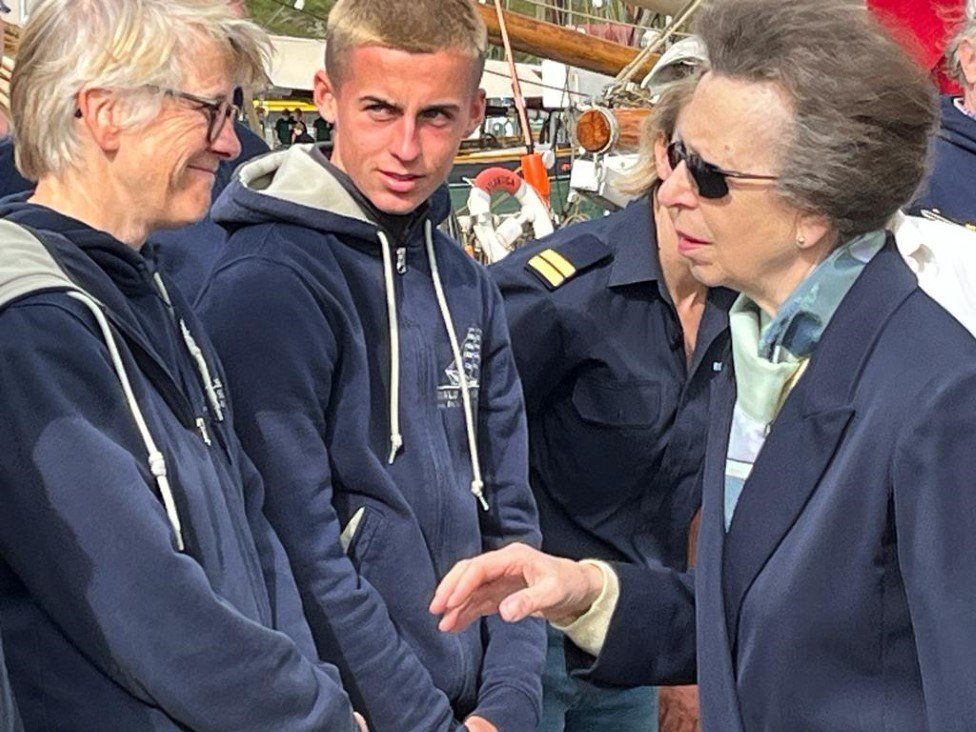 Princess Anne seen talking to sailing crews from the Tall Ships Race