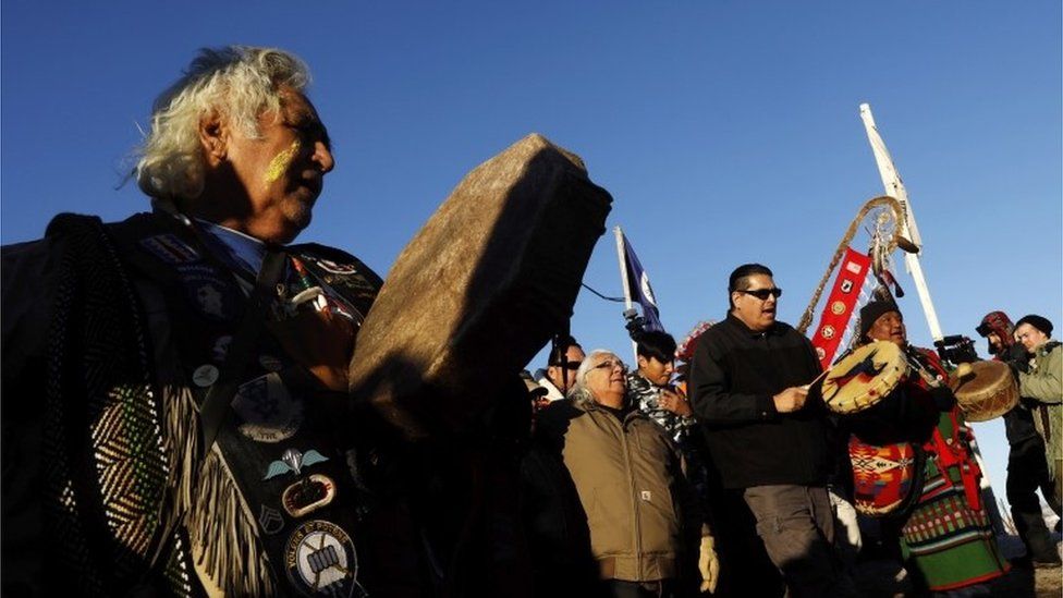 Native Americans celebrating the US Army's decision not to grant access for an oil pipeline in North Dakota, 4 December 2016