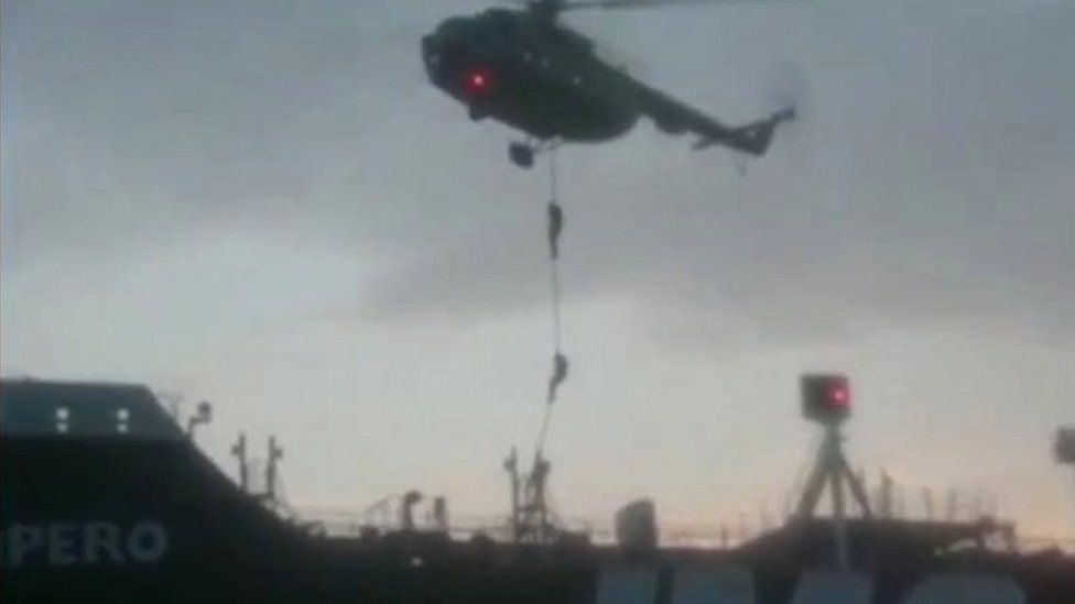 Image from video provided by Iranian Revolutionary Guards Corp website purporting to show Iranian forces boarding the British-flagged tanker Stena Impero on 20/07 19