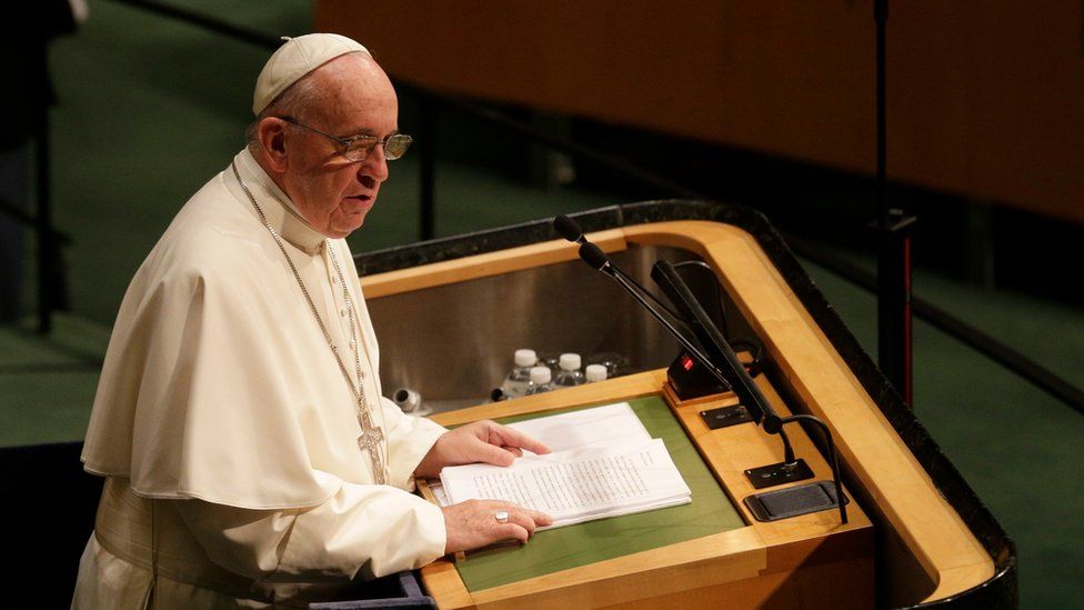Pope Francis delivers his address to the United Nations