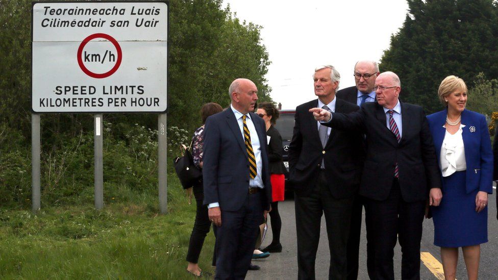 European Commission (EC) member in charge of Brexit negotiations with Britain, Michel Barnier, is shown a border road between the Republic of Ireland and Northern Ireland on 12 May 2017