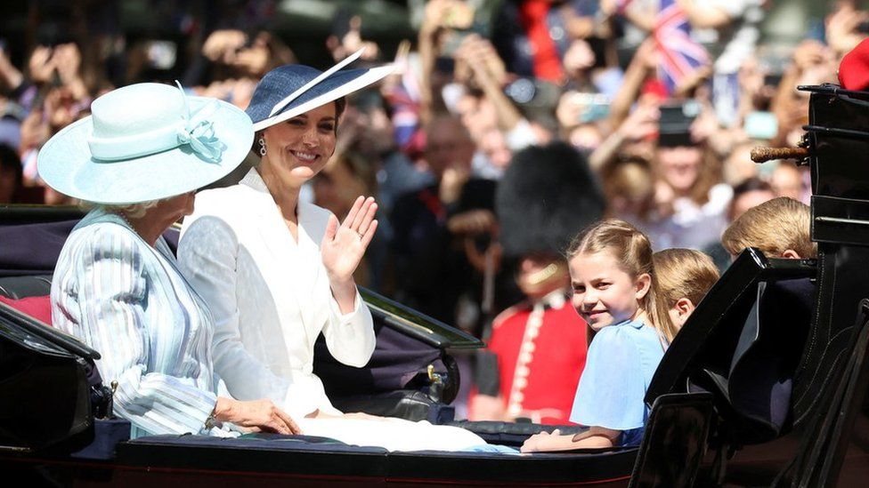 Catherine, Duchess of Cambridge, Camilla, Duchess of Cornwall, Princess Charlotte, Prince George and Prince Louis ride in a carriage during the Trooping the Colour parade in celebration of Britain"s Queen Elizabeth"s Platinum Jubilee, in London, Britain June 2, 2022. REUTERS/Phil Noble