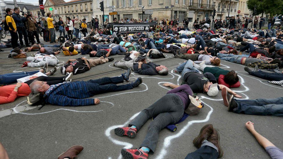 Protesters lie on the ground to represent people poisoned by pesticides on 31 May 2016, in Bordeaux, south-western France, during a demonstration against the use of pesticides in viticulture, during the inauguration of the city's new wine museum, La Cite du Vin