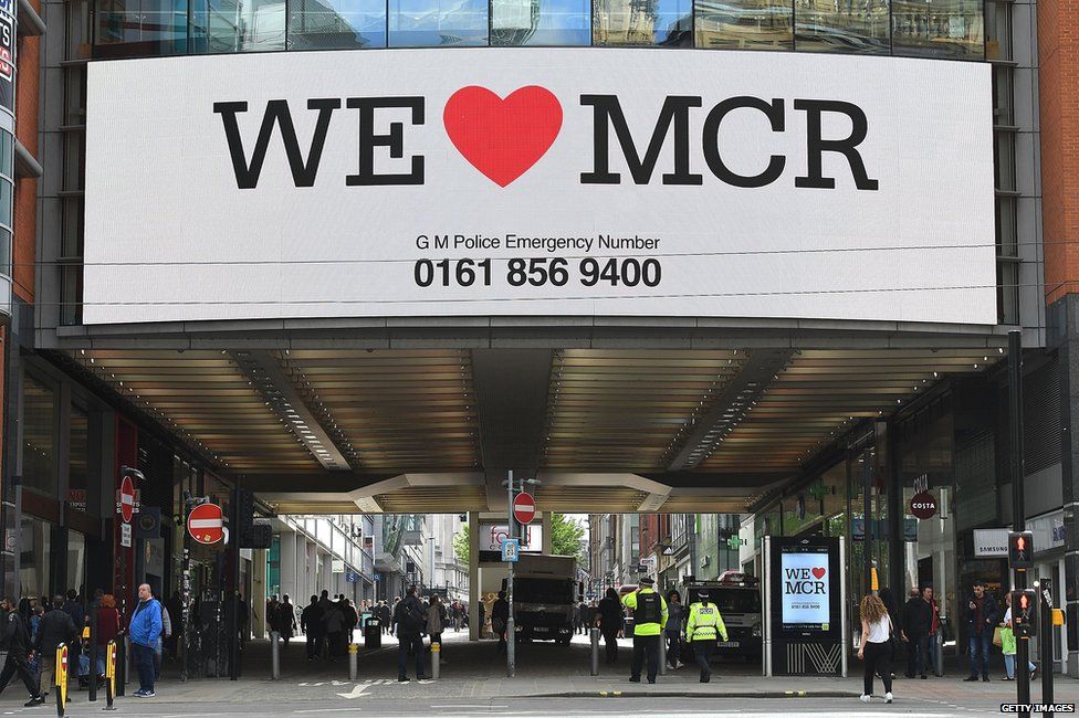 A sign saying "We love Manchester" displayed above a street in Manchester