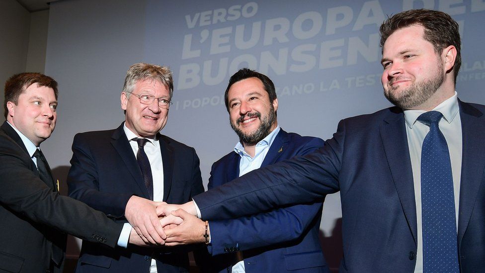 Finns Party member Olli Kotro, spokesman for Alternative for Germany (AfD) Jörg Meuthen, Italy's Interior Minister Matteo Salvini and Danish People's Party politician Anders Primdahl Vistisen unite