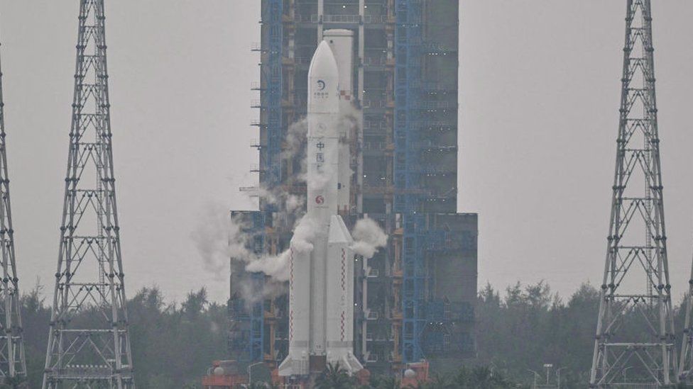 A Long March 5 rocket, carrying the Chang'e-6 mission lunar probe, at the Wenchang Space Launch Centre in southern China's Hainan Province