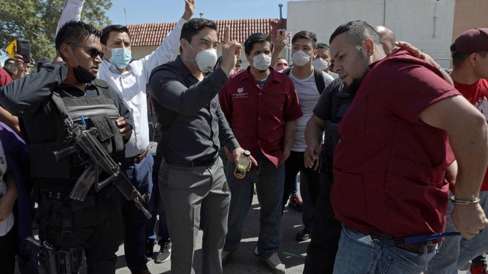 A protest against the lack of safety measures against the coronavirus outside a factory in the Mexican city of Ciudad Juarez