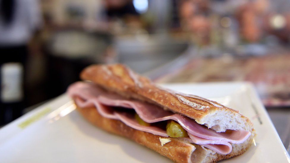 A picture taken in Paris shows a ham sandwich on the zinc counter of a bar